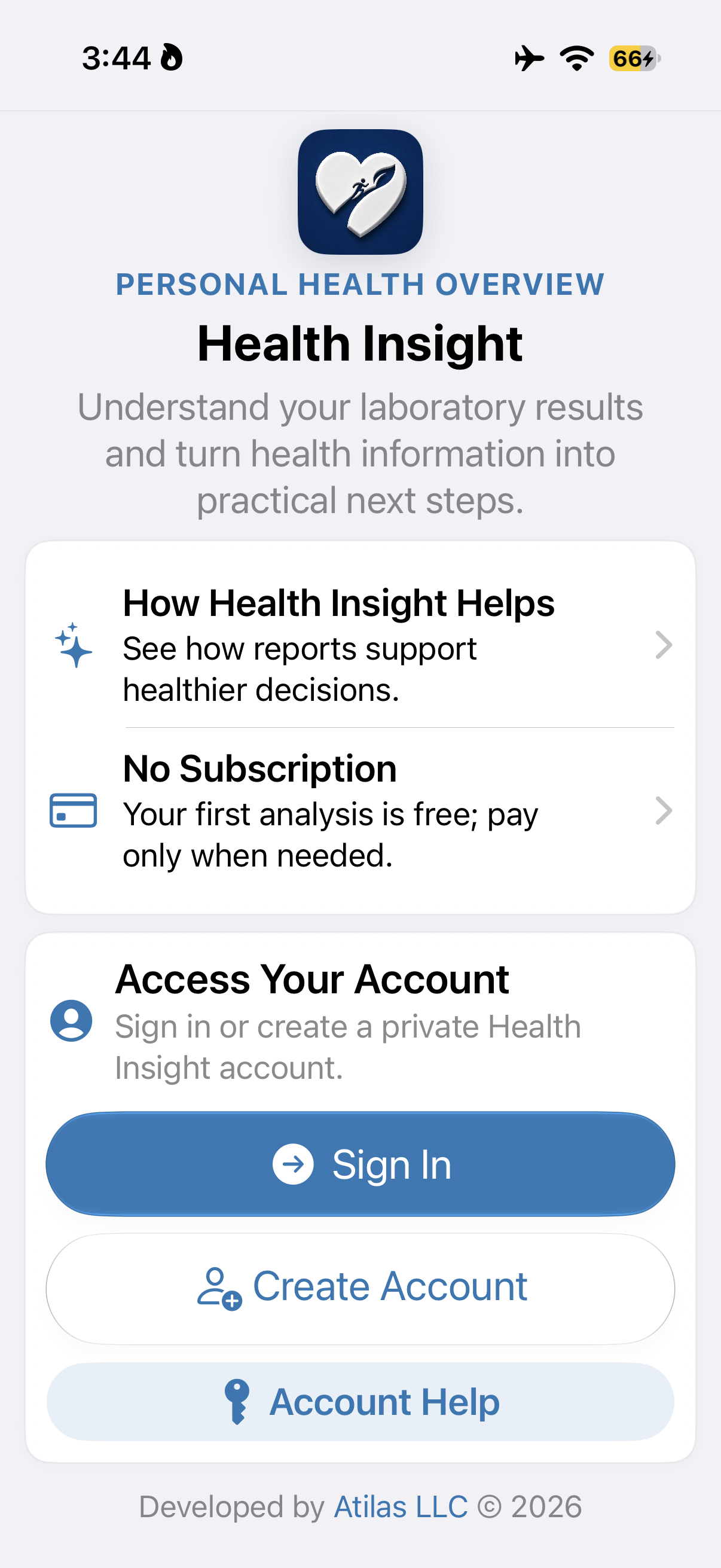Current Health Insight 365 welcome screen on iPhone